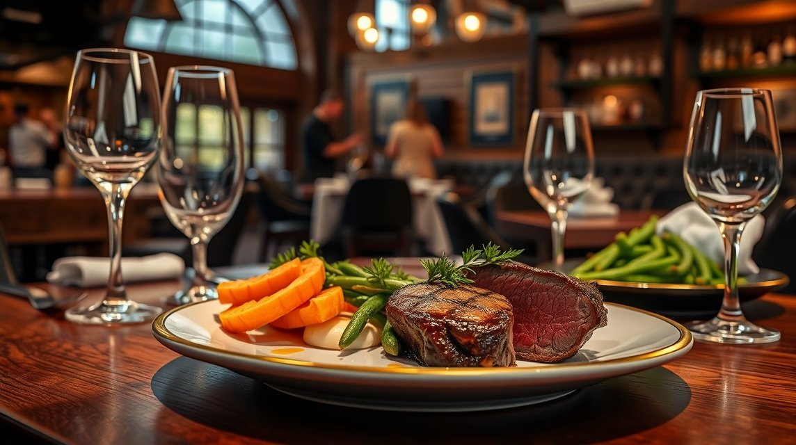 Alberta marhahús steak ízletes köretekkel étteremben