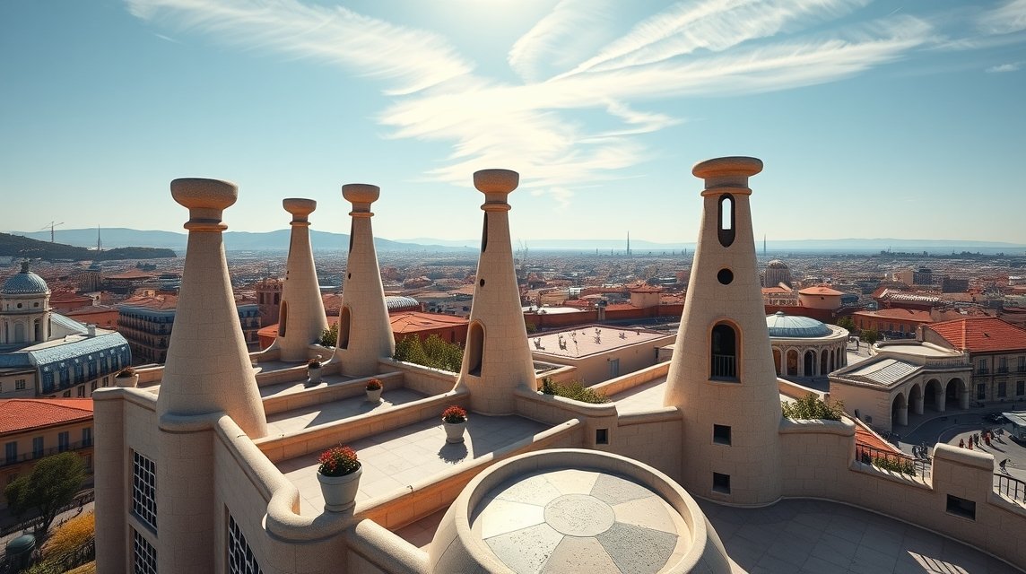 Casa Milà (La Pedrera) tetőterasza Barcelonában, Gaudí építészeti csodája.