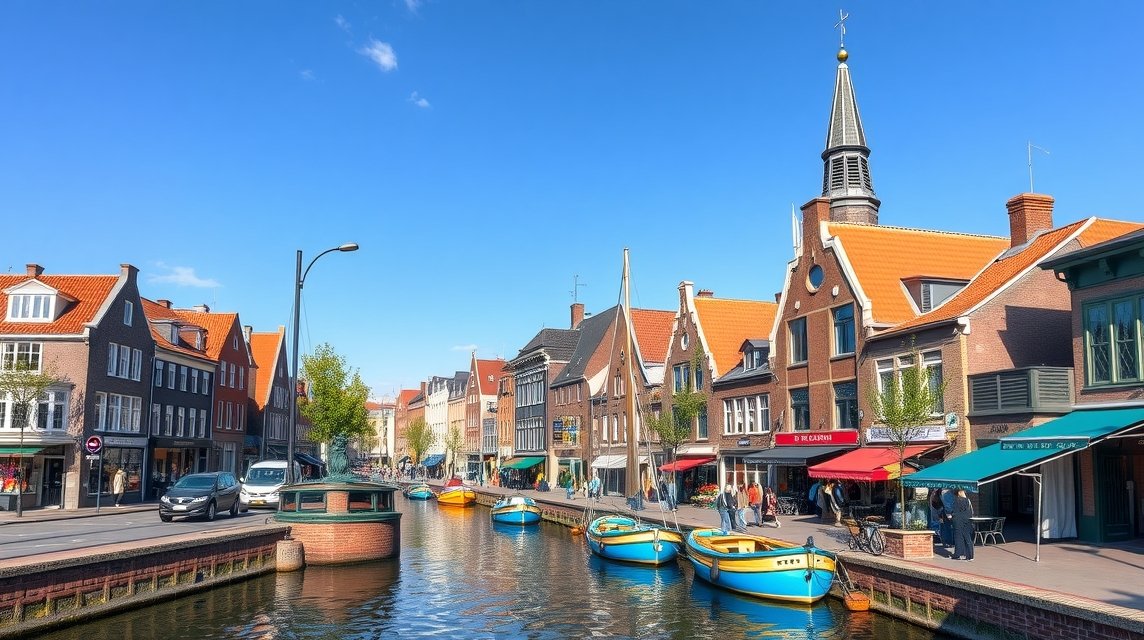 Delfshaven csatornája hajókkal és történelmi épületekkel
