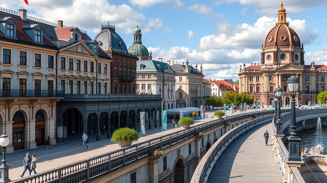 Panoráma a Brühl teraszáról Drezdában, barokk épületekkel.