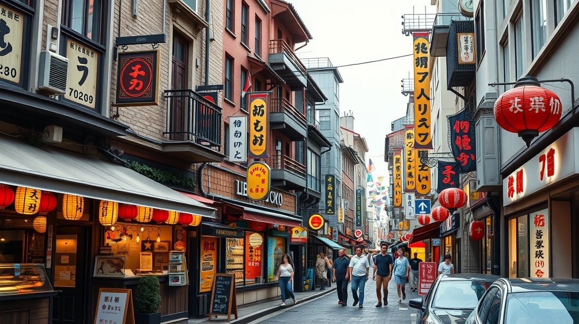 Düsseldorf Japán negyedének hangulatos utcája éttermekkel és üzletekkel.