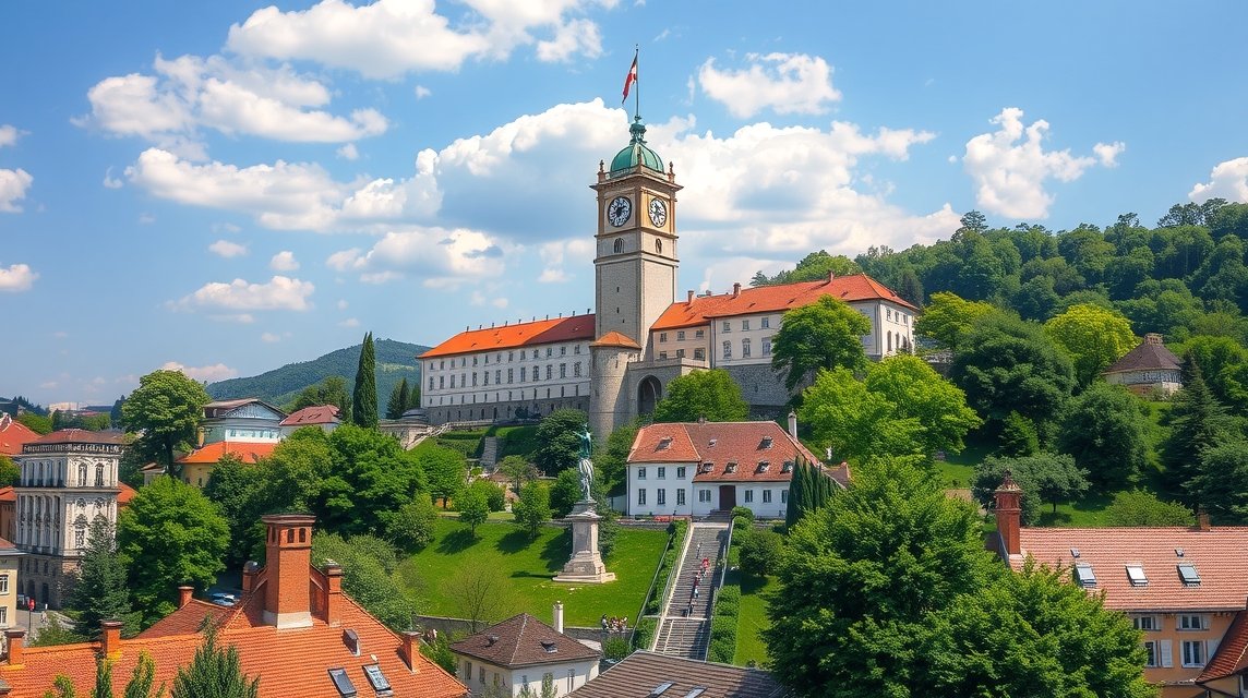 A Schlossberg dombja Grazban, Ausztria, az Óratoronnyal.