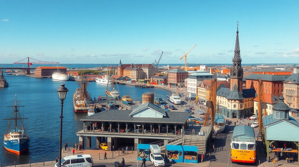 Hamburg kikötő és Landungsbrücken hajóállomás látképe