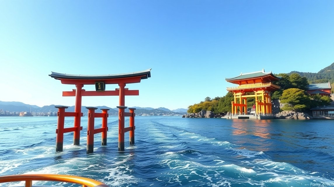 Miyajima szigeti tori kapu és Itsukushima-szentély a vízen