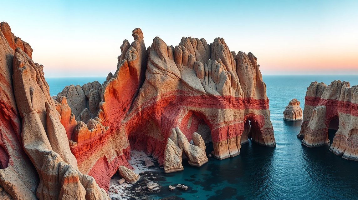 Ibiza rejtett sziklaformációk a tenger mellett, misztikus tájban.