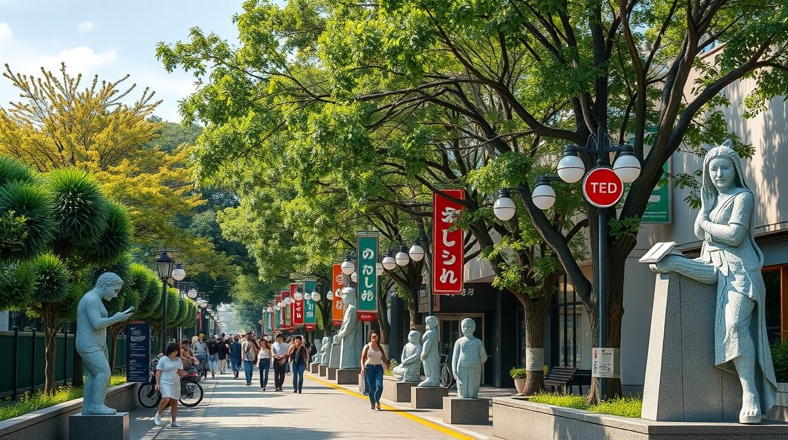 Jozenji-dori sugárút Szendában, modern szobrok és zelkova-fák
