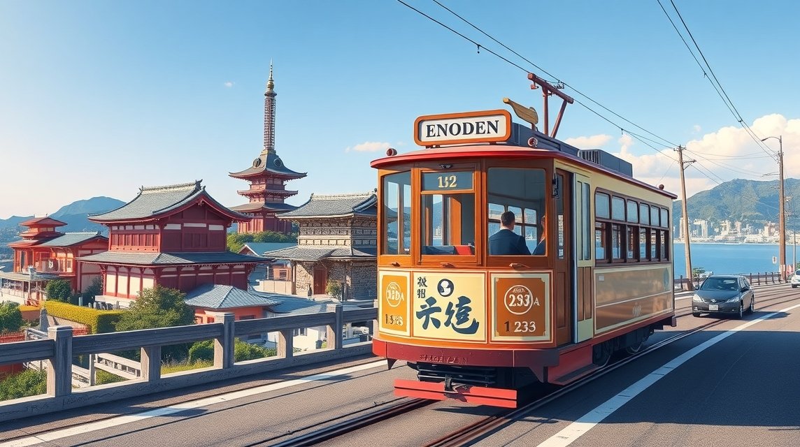 Retró Enoden villamos Kamakura festői környezetben