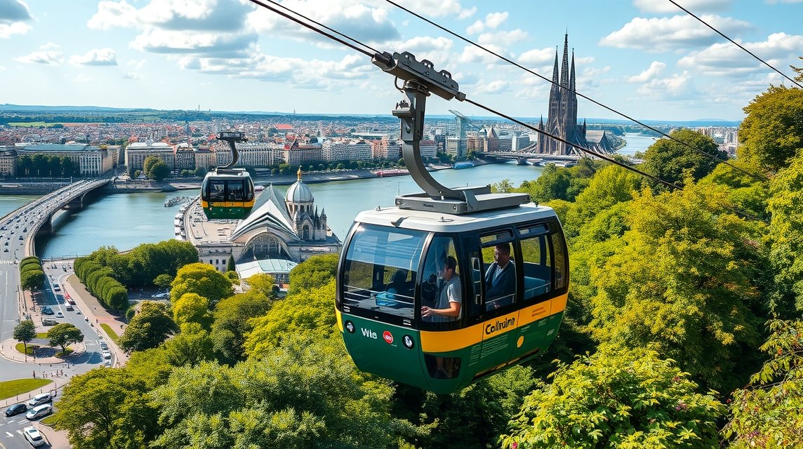 Libegő Kölnben a Rajna felett, gyönyörű városi kilátással.