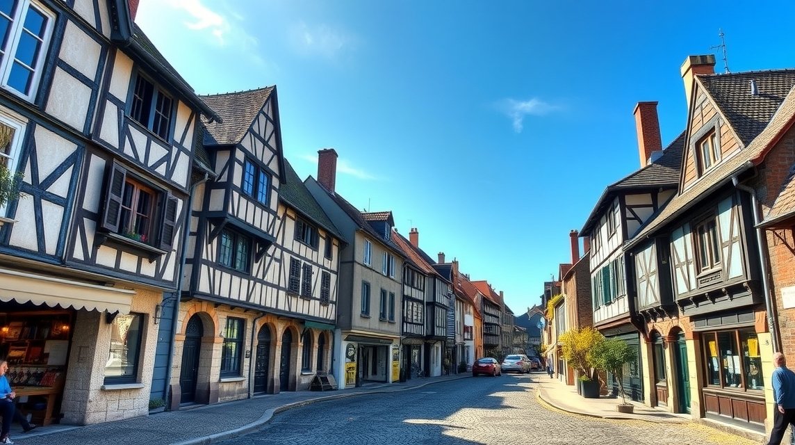 Cité Plantagenêt macskaköves utca középkori házakkal