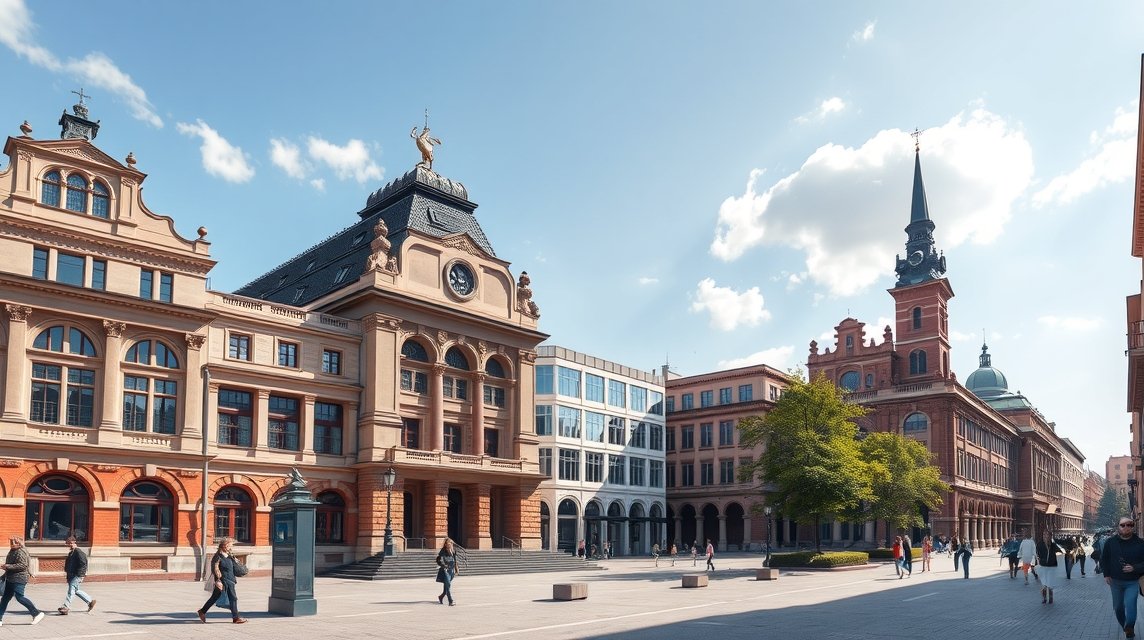 Lipcse városközpontja a Grassi Múzeum negyedben, lenyűgöző épületekkel.