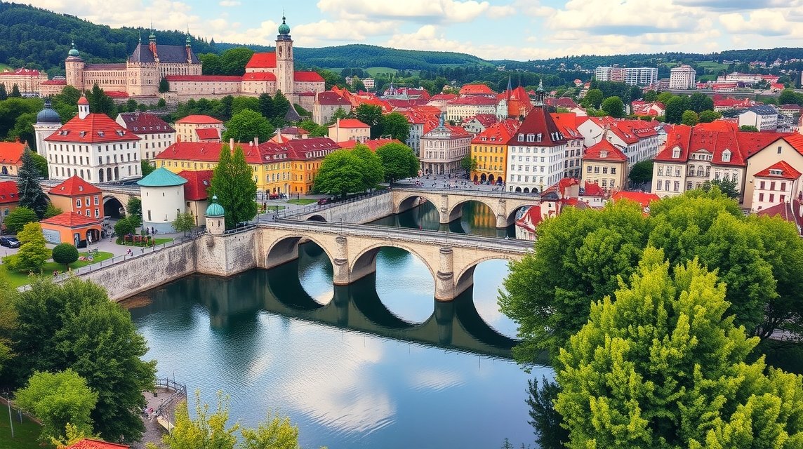 Ljubljana város panorámája, zöld táj és történelmi épületek