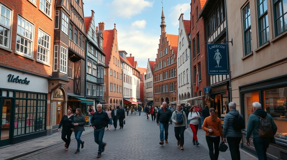 Lübeck óvárosi séta gótikus épületekkel és forgalmas utcákkal