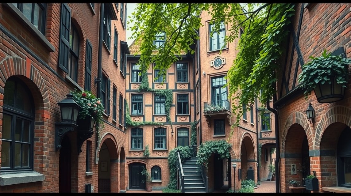 Lübeck titkos udvar zöld növényzettel és historikus épületekkel