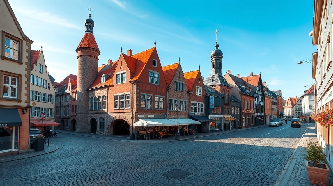 A Lübeck középkori építészete egy napfényes utcában.