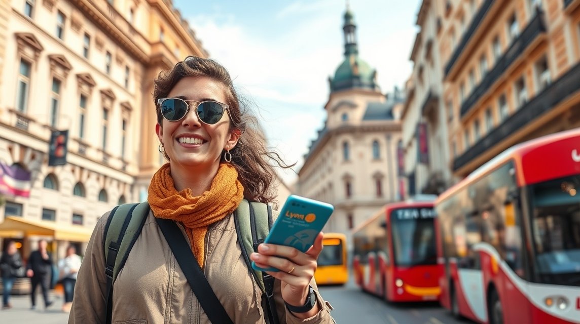 Nő Lyon belvárosában Lyon City Card-dal mosolyogva.