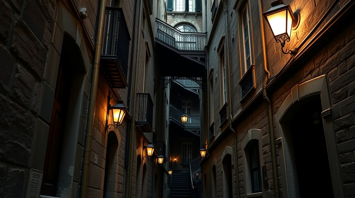 Lyon rejtett Traboules átjárók, középkori architektúra éjjeli fényekben