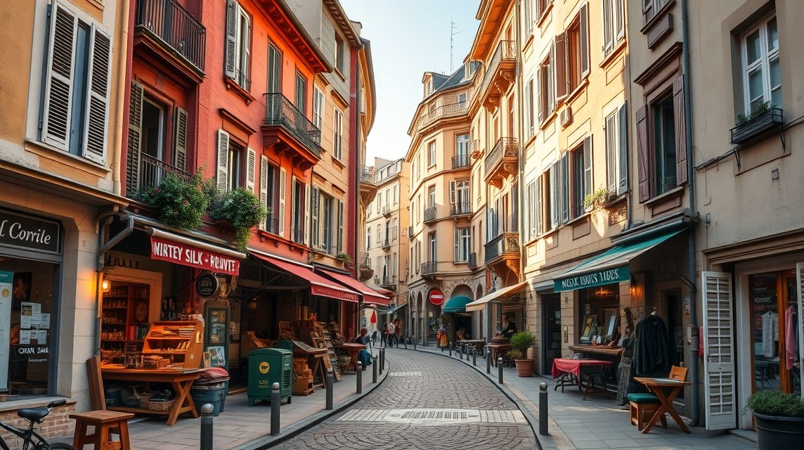 Lyon Croix-Rousse negyedének hangulatos utcája selyemszövő műhelyekkel.