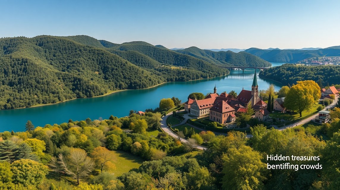 Panoráma egy csendes magyar tájról, hegyekkel és vízzel.