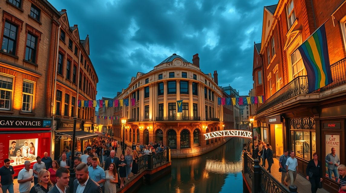 A Manchester Gay Village és Canal Street esti fényekben.