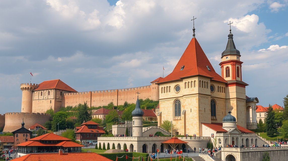 Marosvásárhely középkori vár templom és masszív várfalak.
