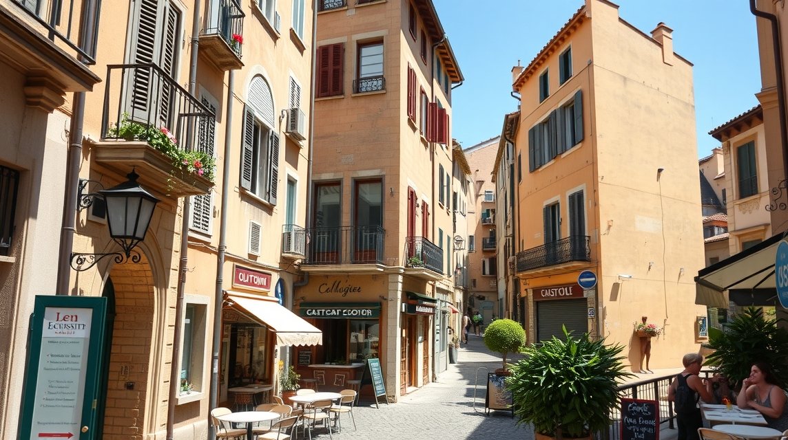 Montpellier Écusson sikátora, kávézókkal és boltokkal.