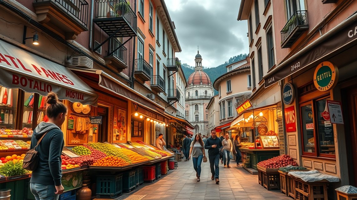 Kép a legtöbbar gastronomikus piacon Mostarban, Bosznia-Hercegovinában.
