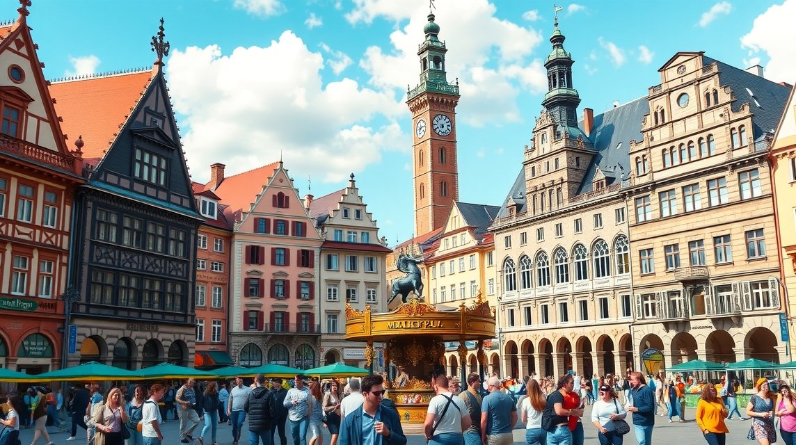 München Marienplatz, nézők és épületek a Glockenspiel körül.