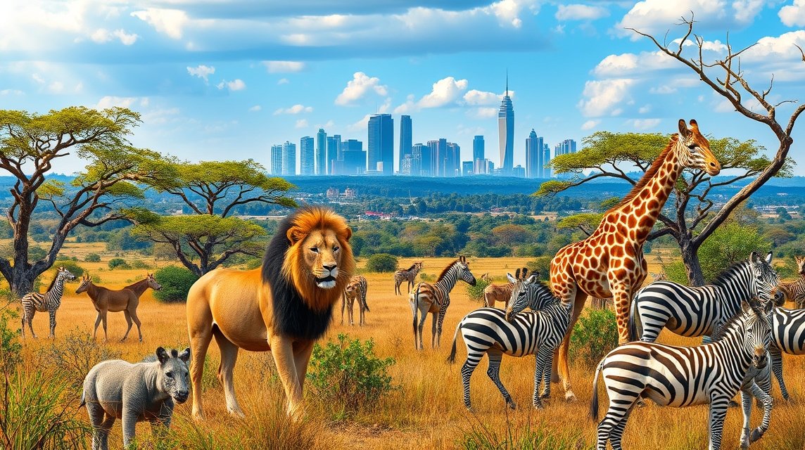 Oroszlánok, zsiráfok és zebrák a Nairobi Nemzeti Parkban, háttérben a város.