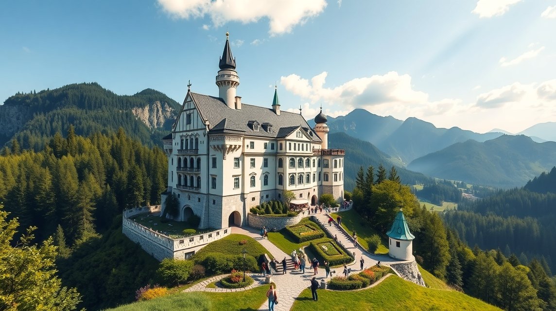 Neuschwanstein kastély a Bajor Alpokban, gyönyörű panoráma
