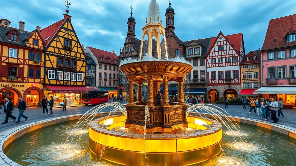 Nürnberg látnivalók - A Szép-kút (Schöner Brunnen) és az aranygyűrű 1 Nürnbergi Szép-kút a történelmi városközpontban, gyönyörű vízjátékkal