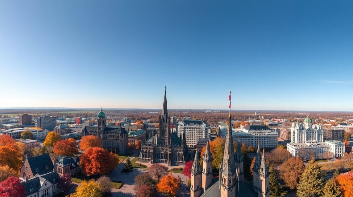 Panorámakép Ottawa városáról a Béke-toronyból, őszies színekben.