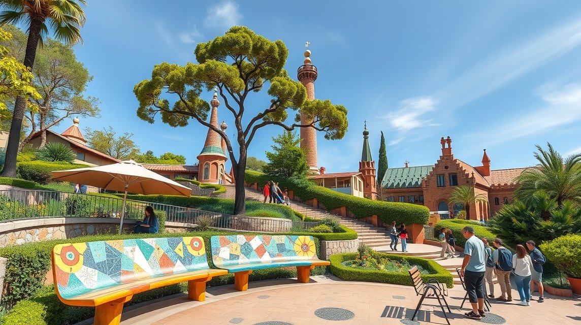 Park Güell mozaikos padok Barcelona szívében, gyönyörű kilátással.