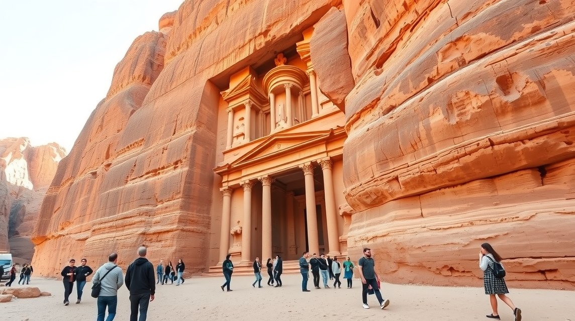 Petra lenyűgöző építménye sivatagi tájban, turistákkal.
