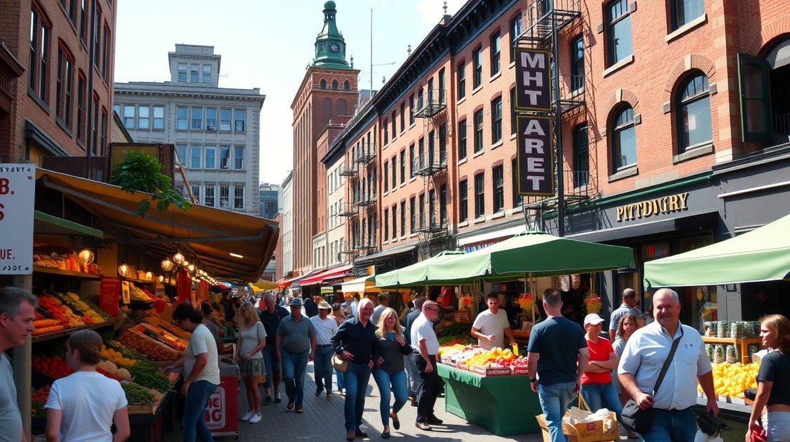 Pittsburgh Strip District piac, friss helyi alapanyagokkal és hangulatos utcákkal.