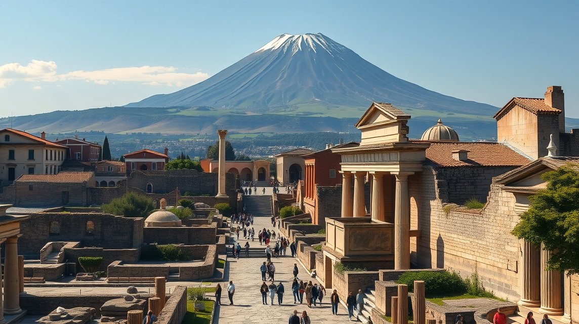 Nápoly látnivalók - Pompeji romvárosa (a közelben) 1 Pompeji romvárosa a Vezúv háttérben, látogatókkal