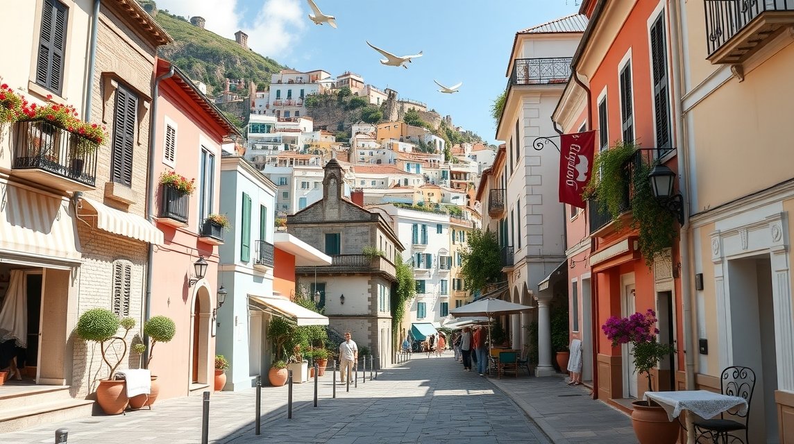 Egy nyugodt utcás kép Positanoban, Olaszországban, virágokkal díszített házakkal.