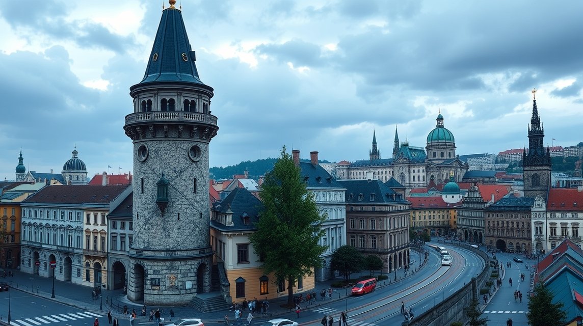 A Lőportorony és a Királyi út látképe Prágában, Csehországban.