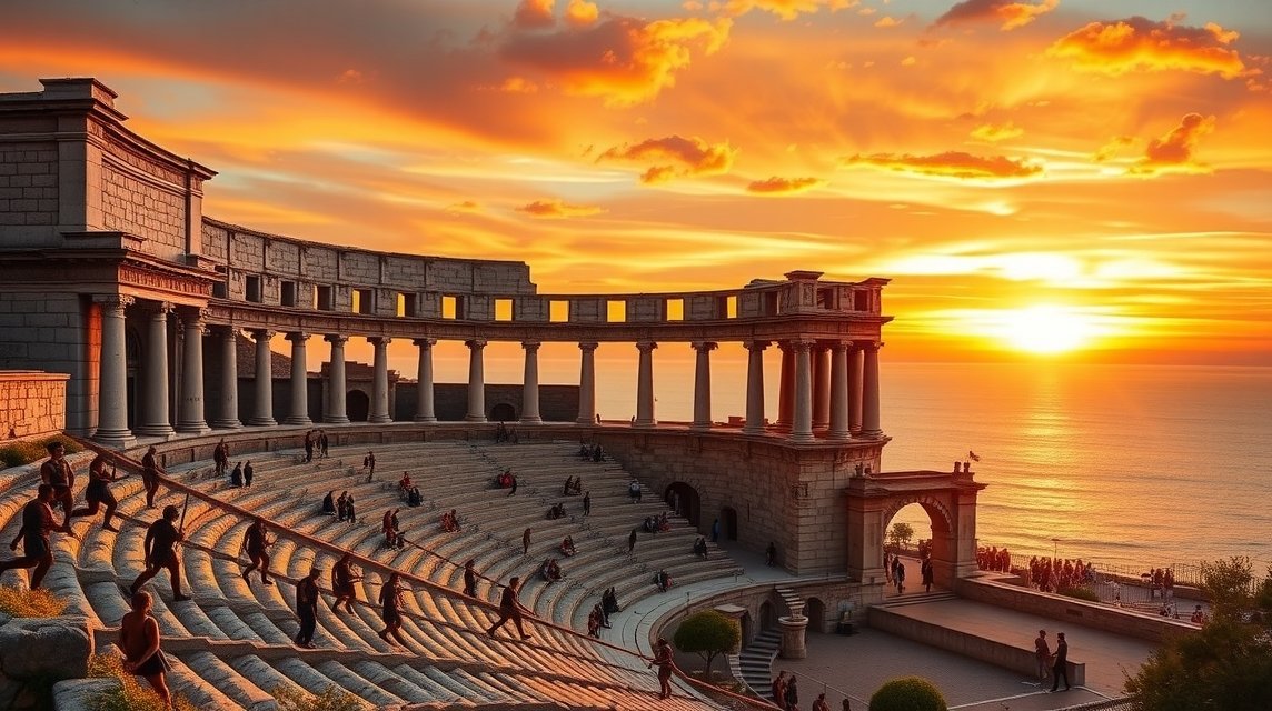 Római amfiteátrum naplementében, Pula tengerpartján