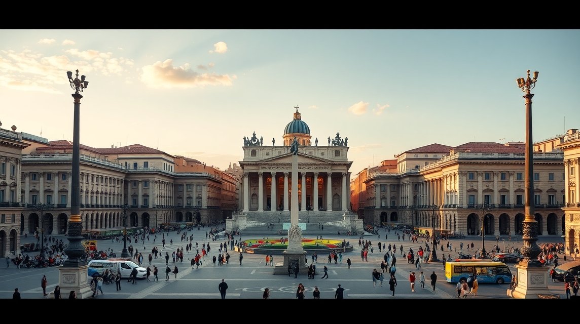 Piazza Venezia, a bustling square in Rome with historic architecture and vibrant atmosphere.