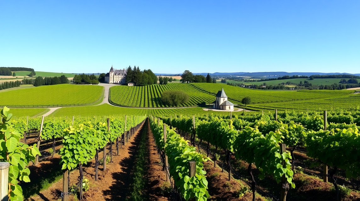 Szőlőbirtok Saint-Émilionban, zöld dombokkal és pincével