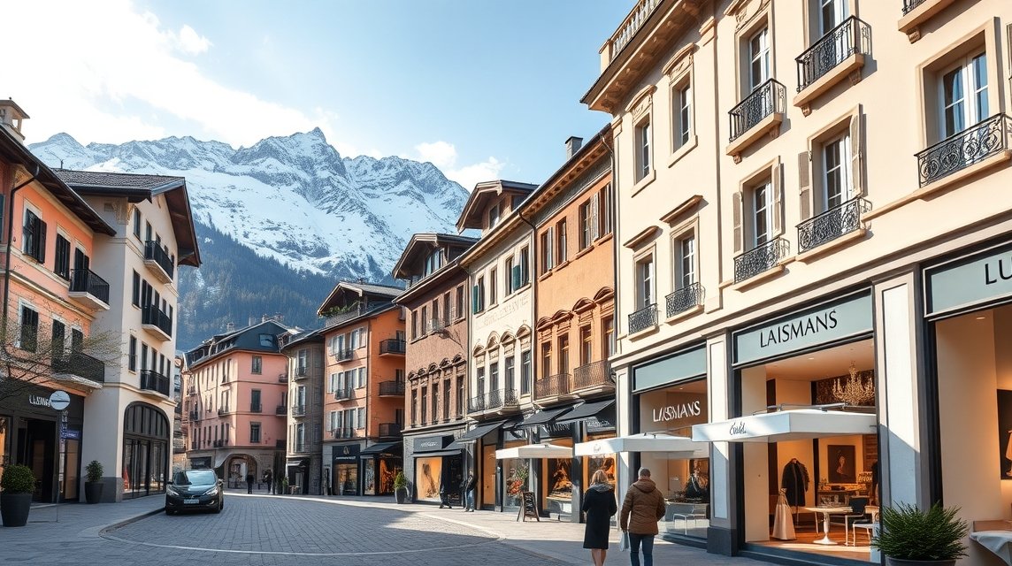 Via Serlas Sankt Moritz luxusüzletei hegyekkel a háttérben