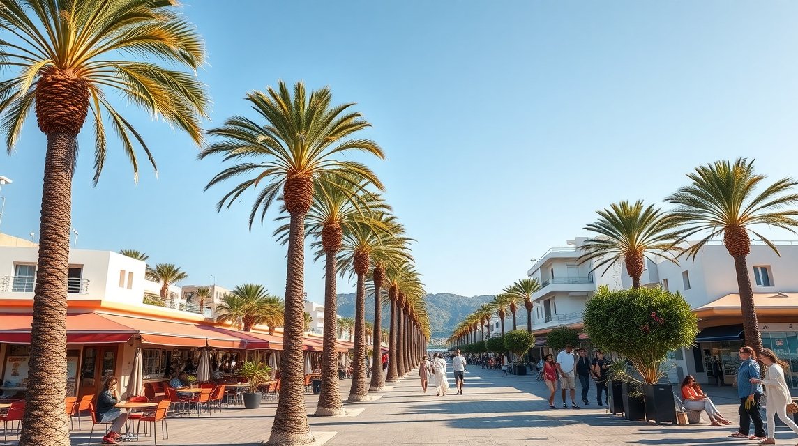 Santa Eulalia pálmafás tengerparti sétánya Ibiza szigetén