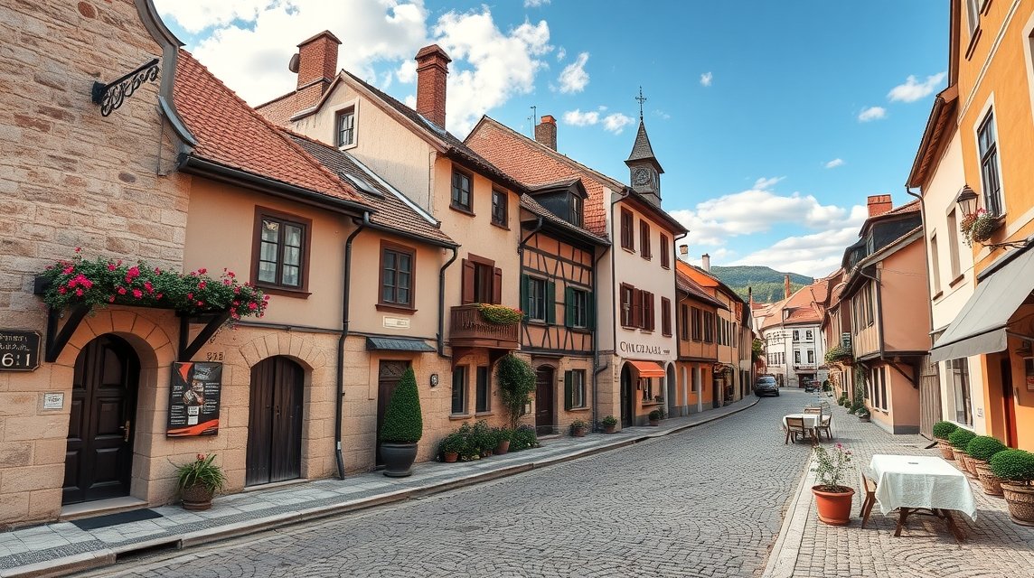 Škofja Loka középkori utcája virágzó házakkal és hagyományos építkezéssel.
