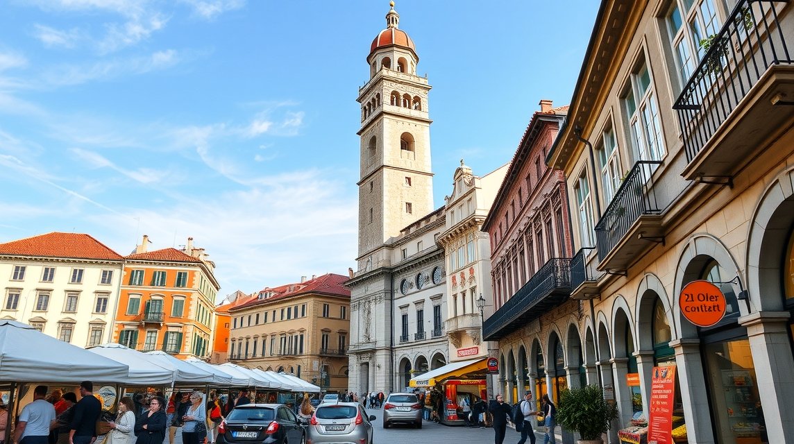 Split Gyümölcs tér hangulatos utcáján, a középkori toronnyal