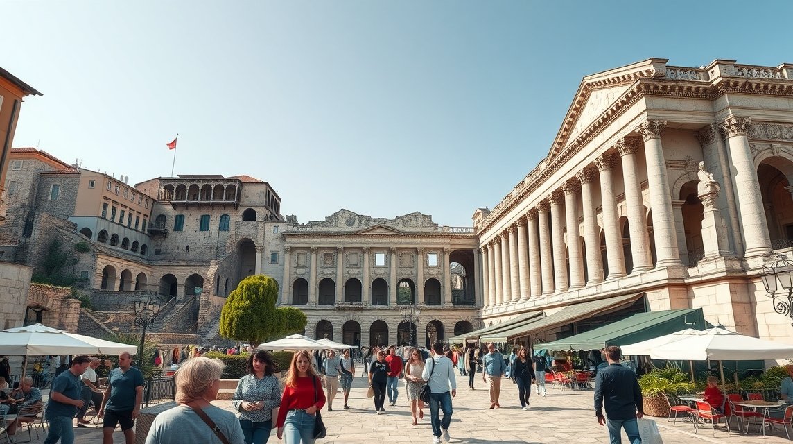Látkép a Splitben található Diocletianus-palotáról, emberek az utcán.