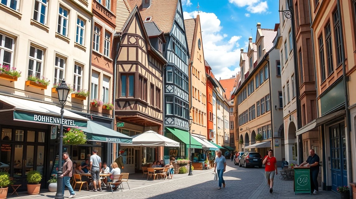 Stuttgart látnivalók - Séta a Bohnenviertel negyedben 1 Hangulatos Bohnenviertel utca Stuttgartban, régi házak és kávézók.