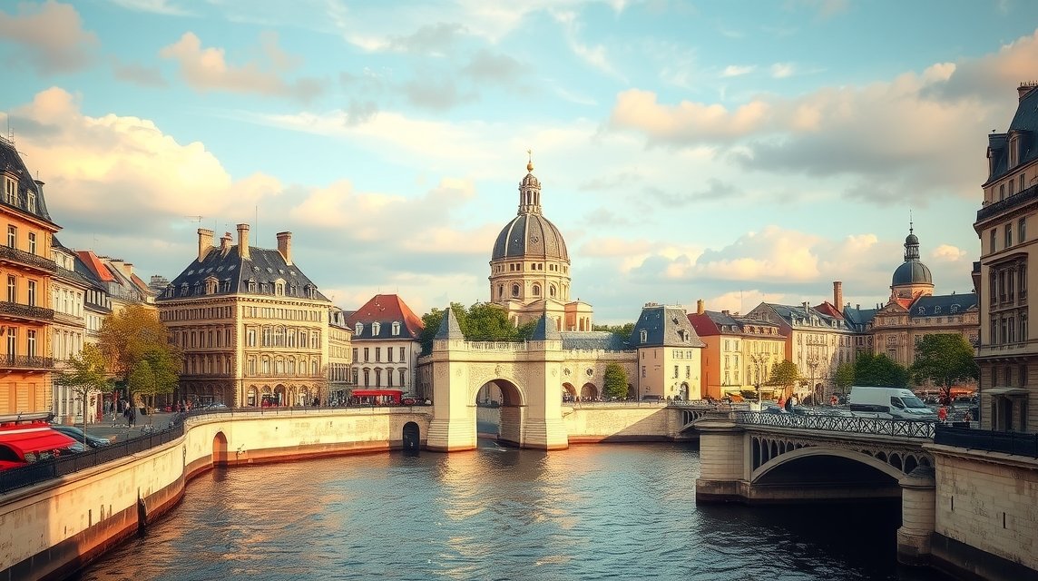 Szent Lajos szigete Párizsban, barokk épületek és Szajna partja.