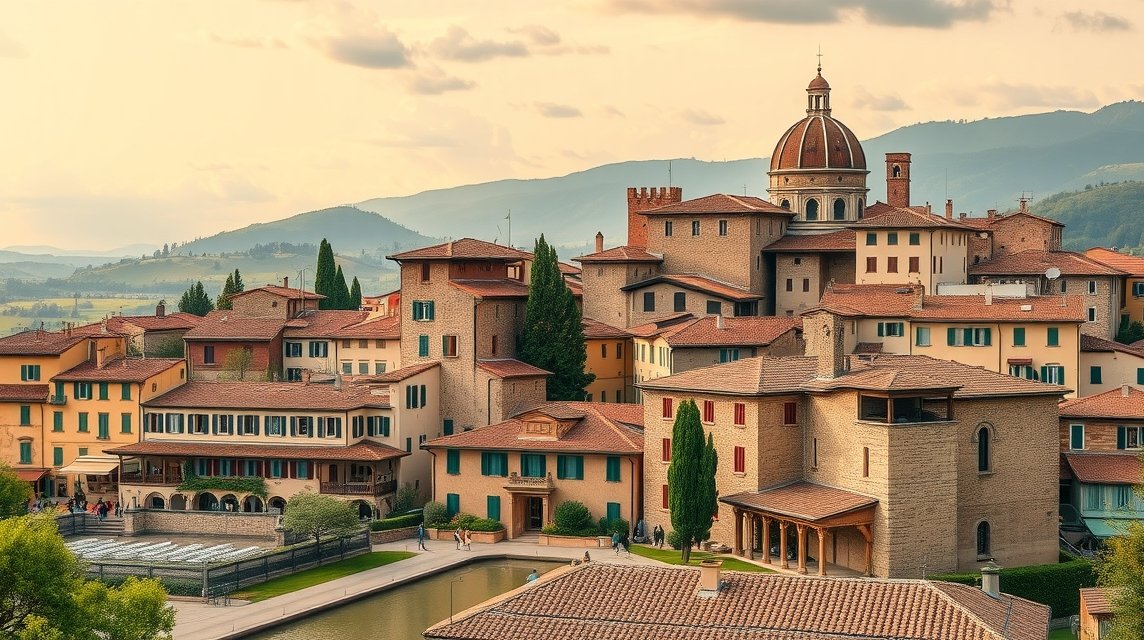 Toszkán kisváros panoráma dombok között