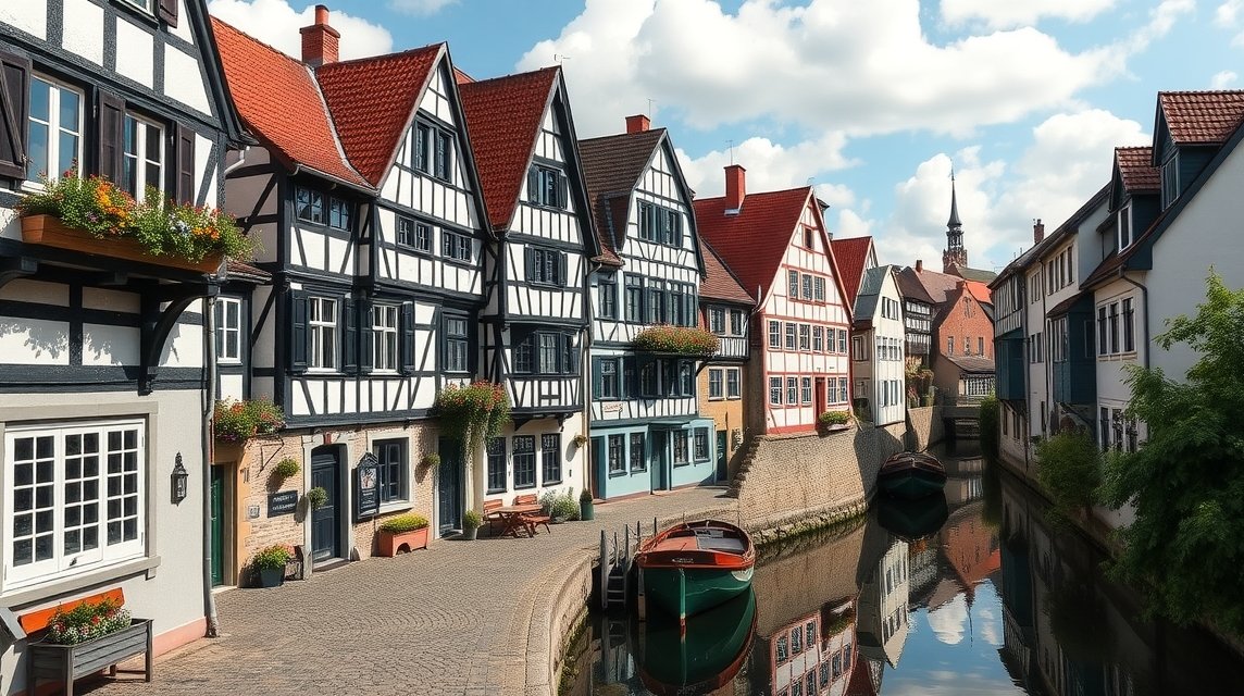 Ulm Halásznegyed kanyargós utcái és festői házai a csatorna mellett.