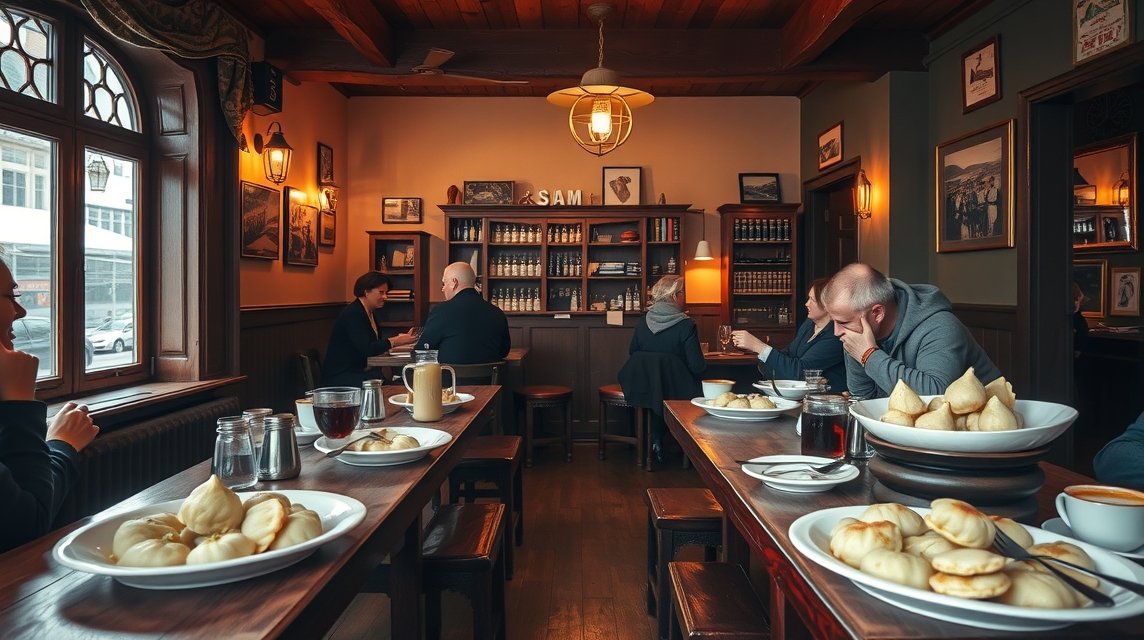 Varsói tejbár belső tér, asztalokkal és pierogival.